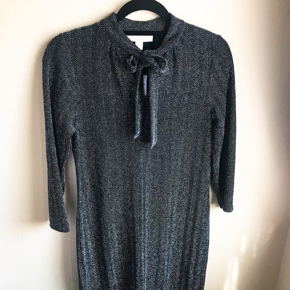 Michael Kors Silver Grey Combo Dress with Tie-Neck | Quarter Sleeve | Festive